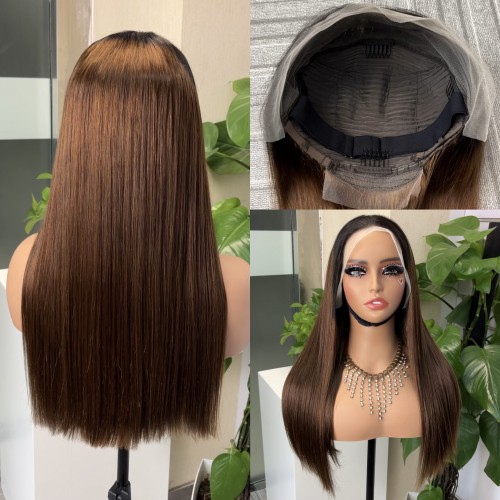 #4 Brown Double Drawn Bone Straight 13x4 Transparent Lace Full Frontal 300% Density Wig | Human Hair Wig | Lace Front